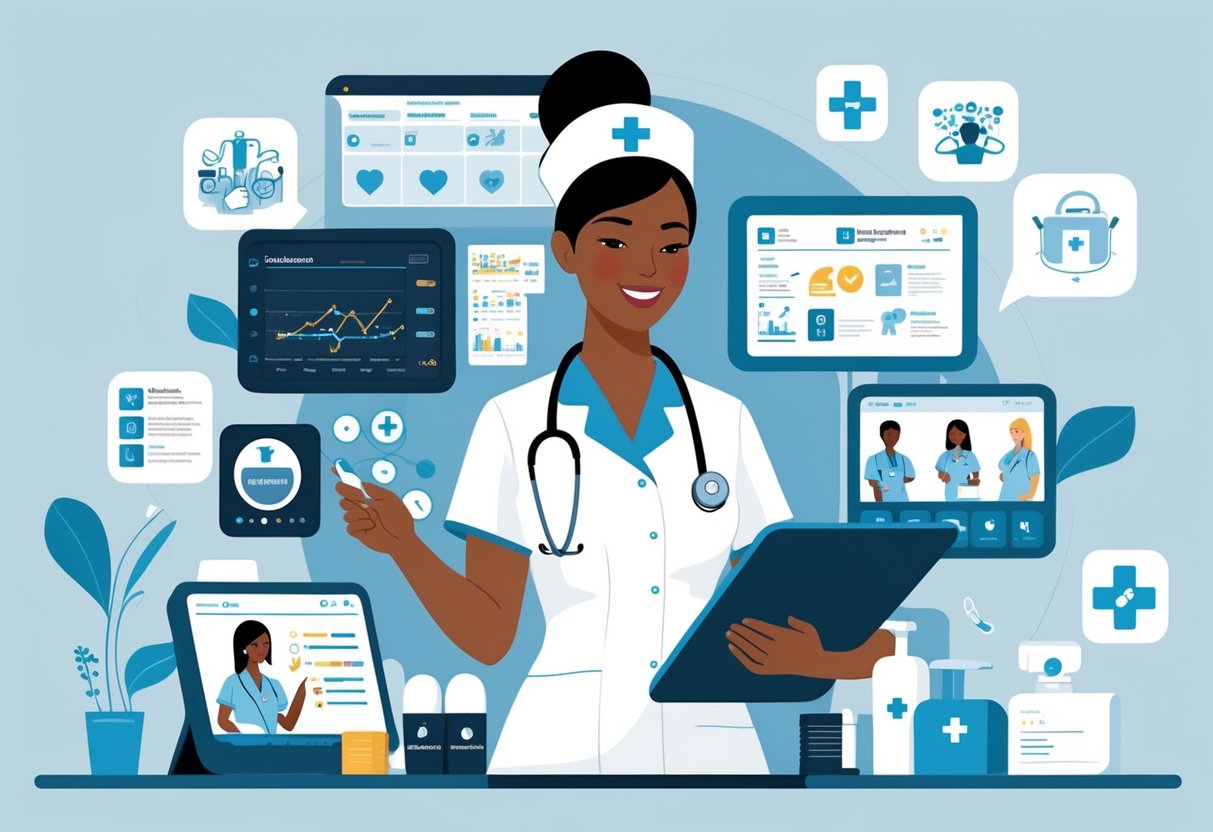 A nurse in a clinical setting attending to patient care tasks with medical equipment and digital tools around.