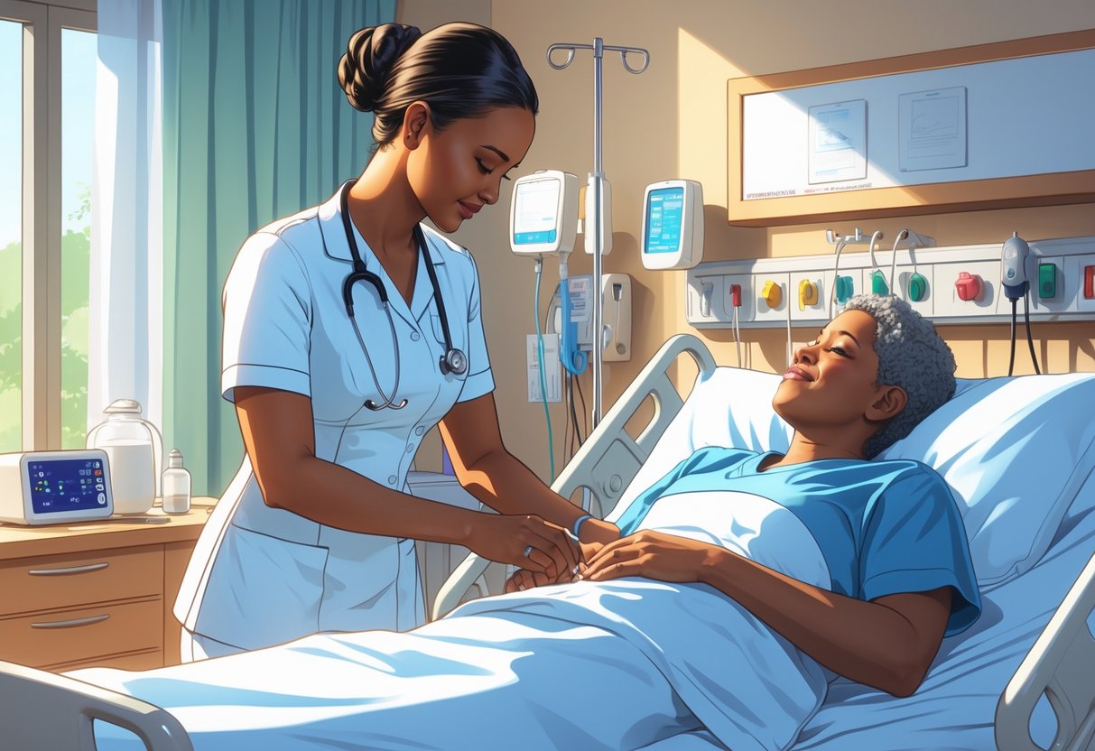A nurse attentively caring for a patient in a hospital room with medical equipment around them.
