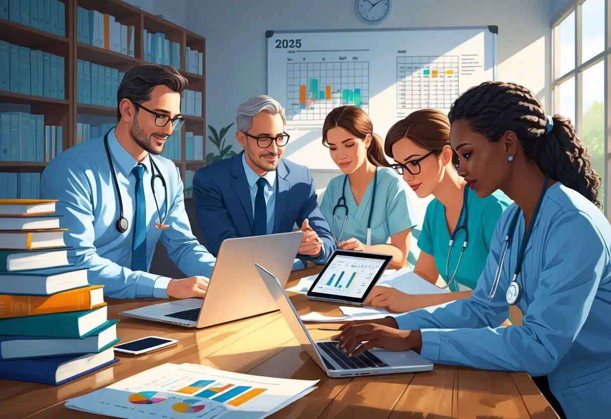 22 Professor Resume Examples That Helped Land Jobs in 2025 1 A professor and a NICU nurse collaborating at a table in a modern office, surrounded by books and medical documents.