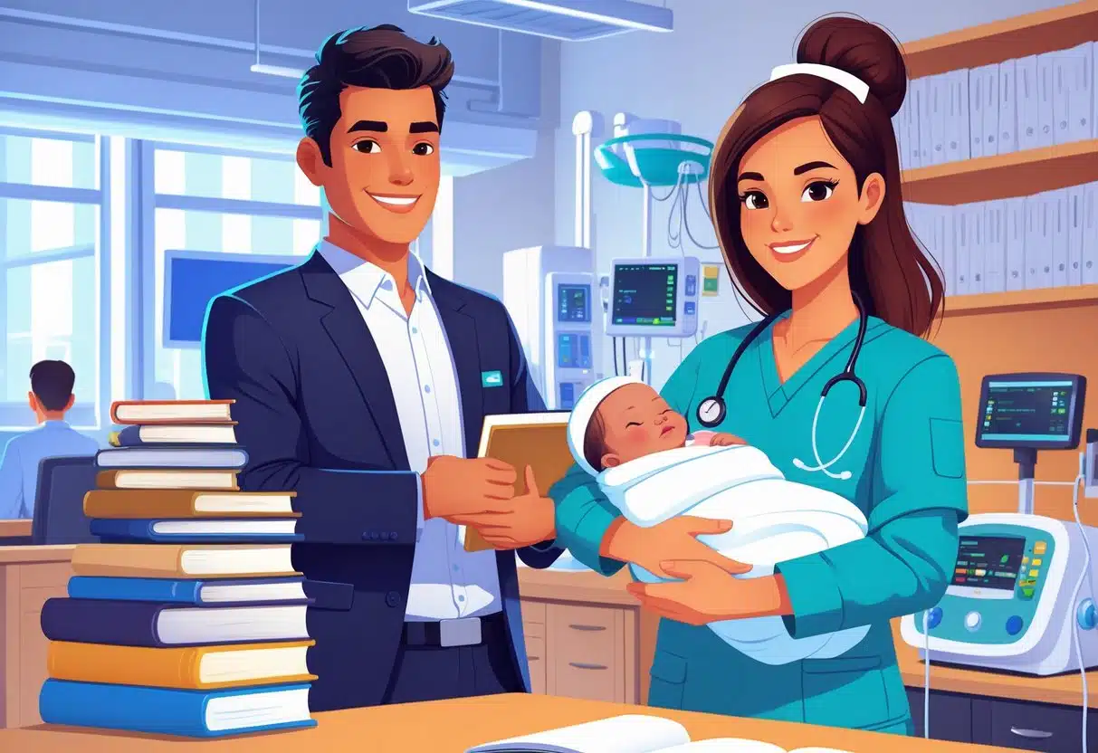 22 Professor Resume Examples That Helped Land Jobs in 2025 2 A professor holding books and a laptop stands next to a NICU nurse holding a newborn baby in a hospital neonatal intensive care unit.