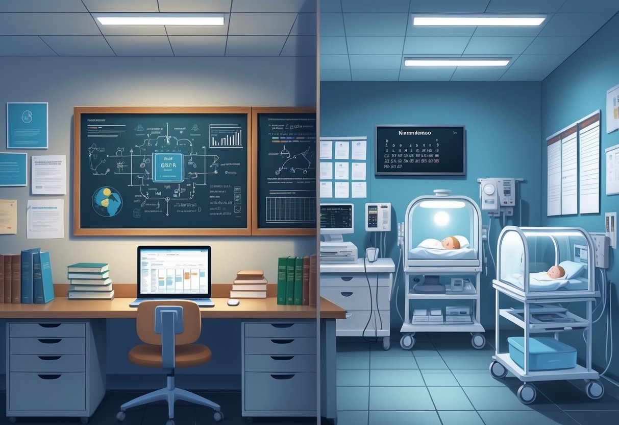 A workspace split between a professor's academic desk with books and a chalkboard, and a NICU nurse's station with baby incubators and medical equipment.