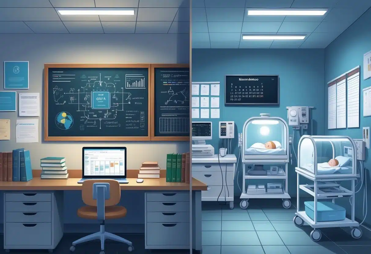 22 Professor Resume Examples That Helped Land Jobs in 2025 3 A workspace split between a professor's academic desk with books and a chalkboard, and a NICU nurse's station with baby incubators and medical equipment.