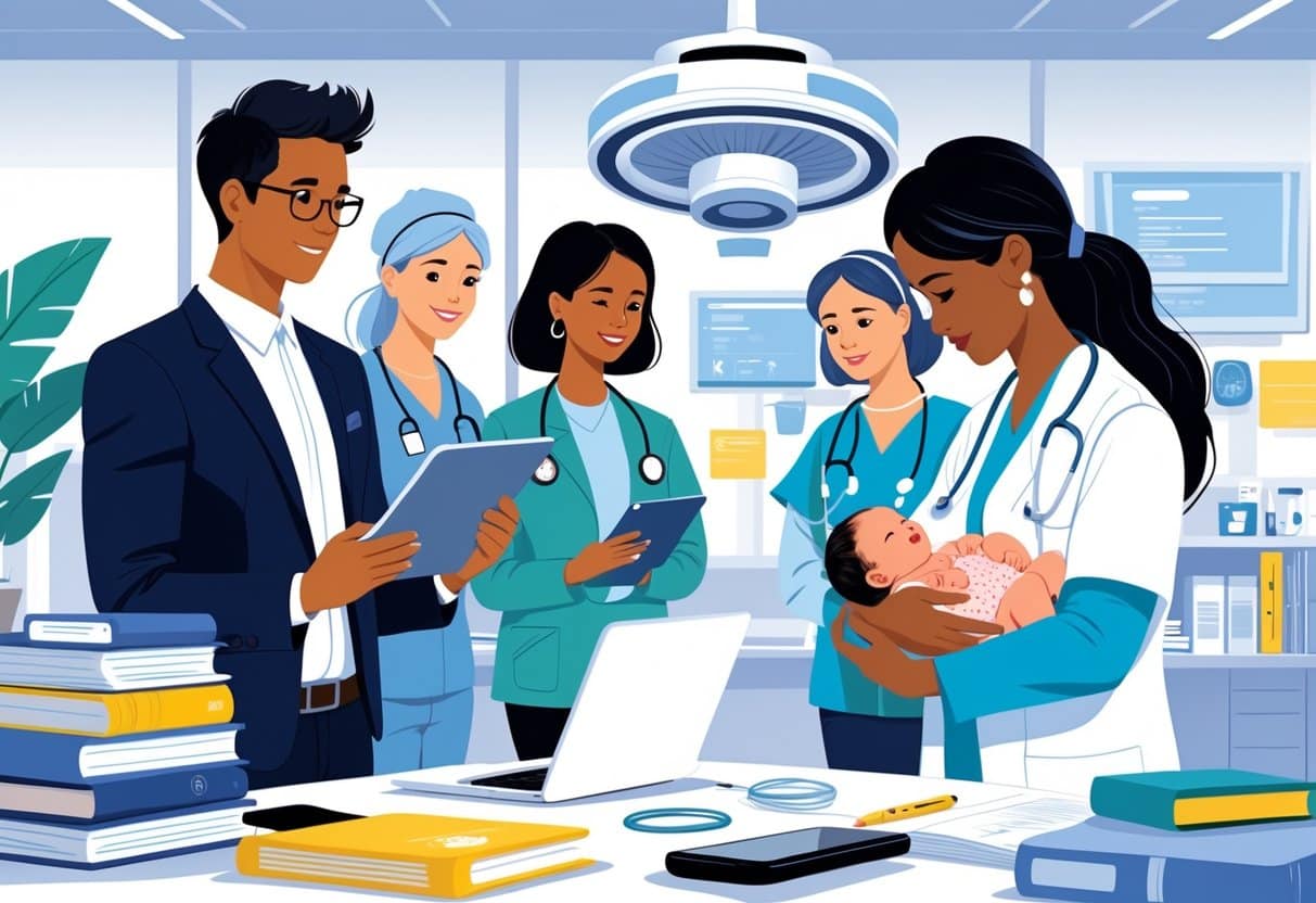 A group of educators and healthcare professionals collaborating, including a professor with teaching materials and a nurse holding a newborn baby in a bright office setting.