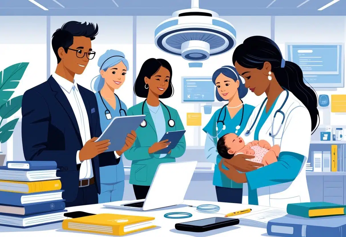 22 Professor Resume Examples That Helped Land Jobs in 2025 4 A group of educators and healthcare professionals collaborating, including a professor with teaching materials and a nurse holding a newborn baby in a bright office setting.