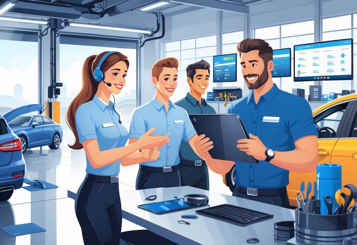 A group of automotive customer service representatives assisting customers and demonstrating technical skills in a modern service center.
