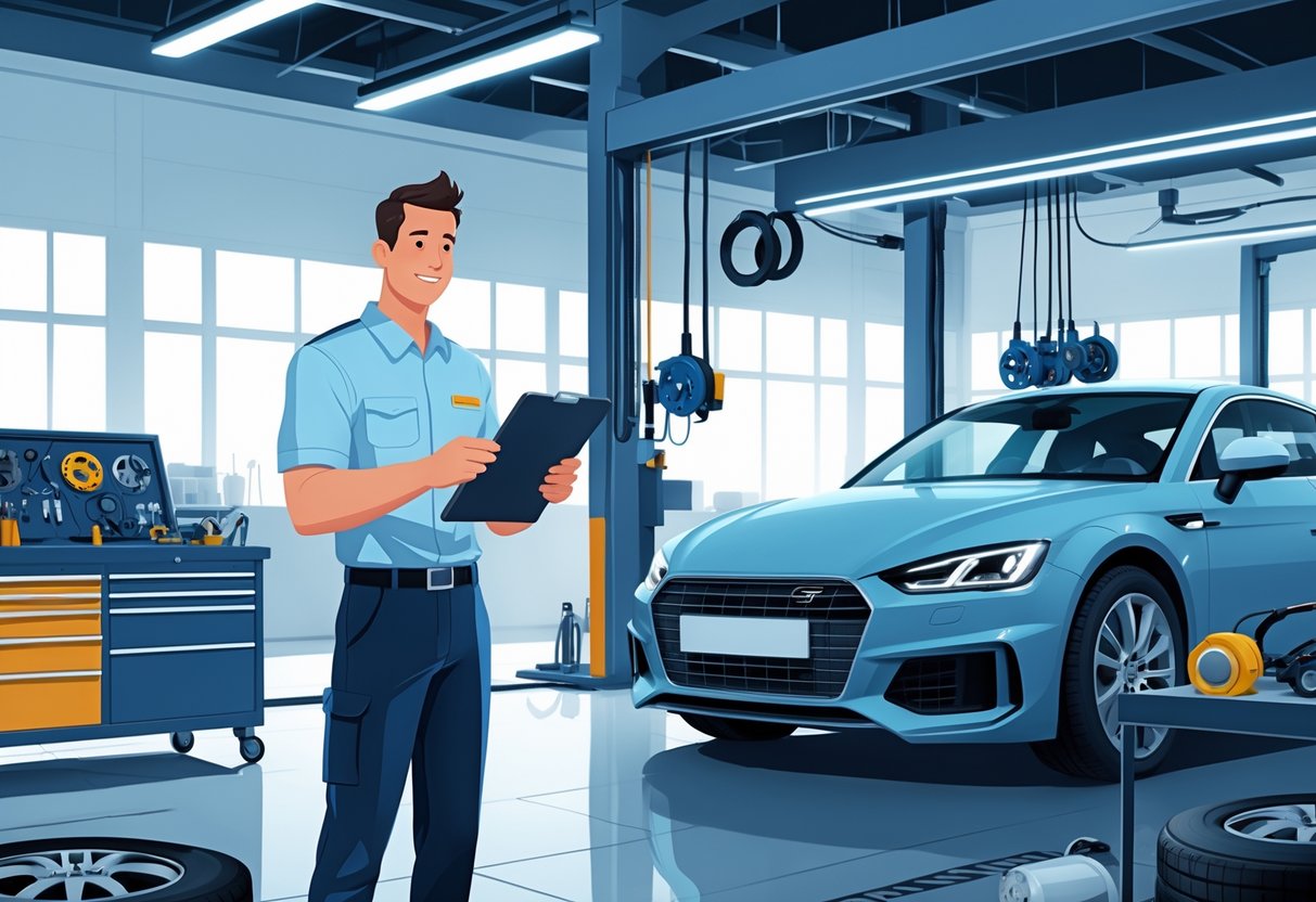 An automotive technician in a workshop holding a tablet, surrounded by car parts and tools, with a car being serviced in the background.