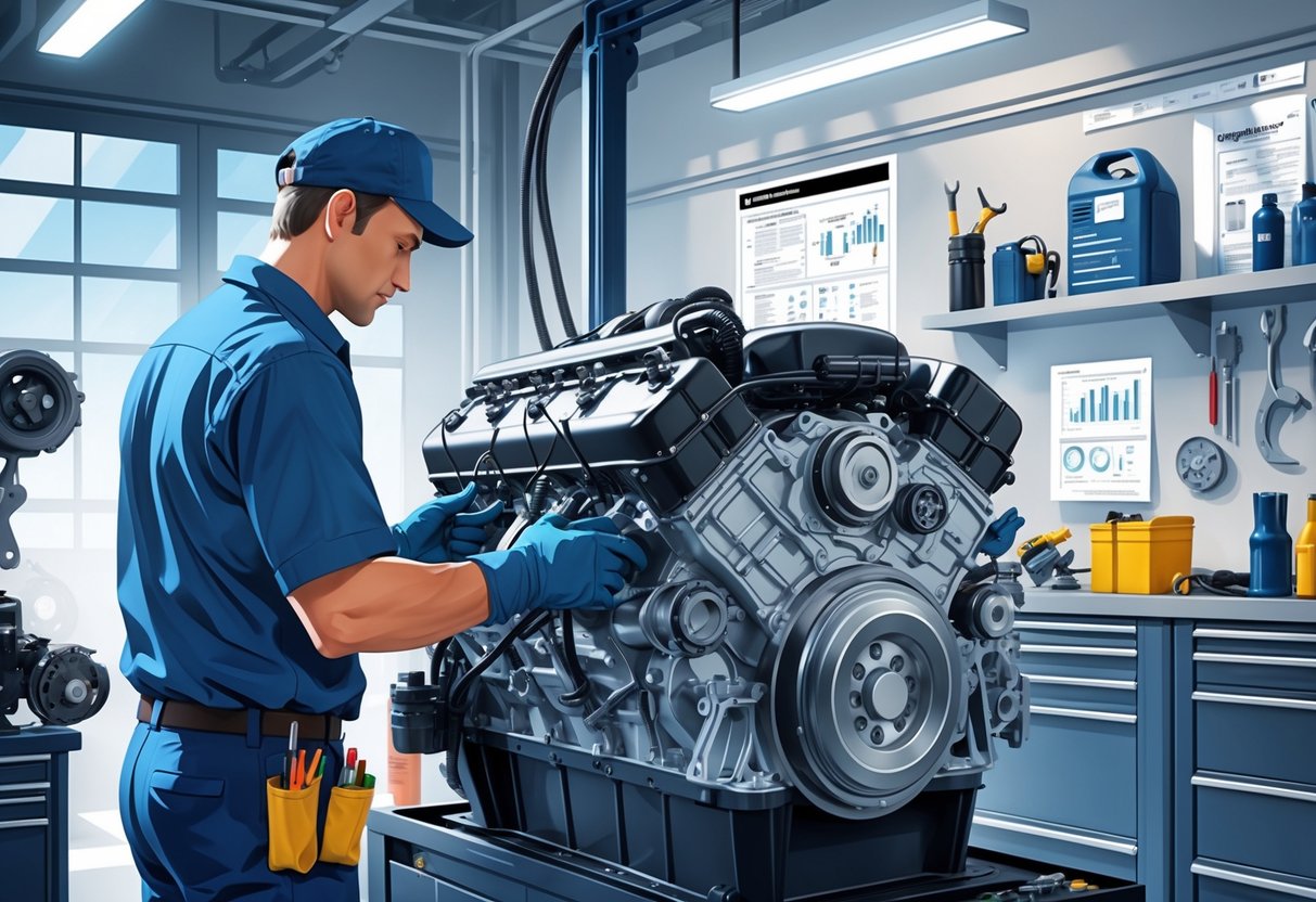 An automotive technician working on a diesel engine in a clean workshop surrounded by tools and engine parts.