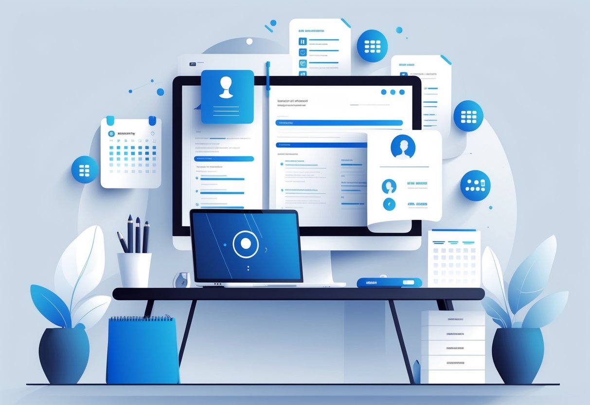 A modern workspace with a laptop, notebook, and smartphone displaying icons related to resumes and contact information, representing HR assistant tasks.