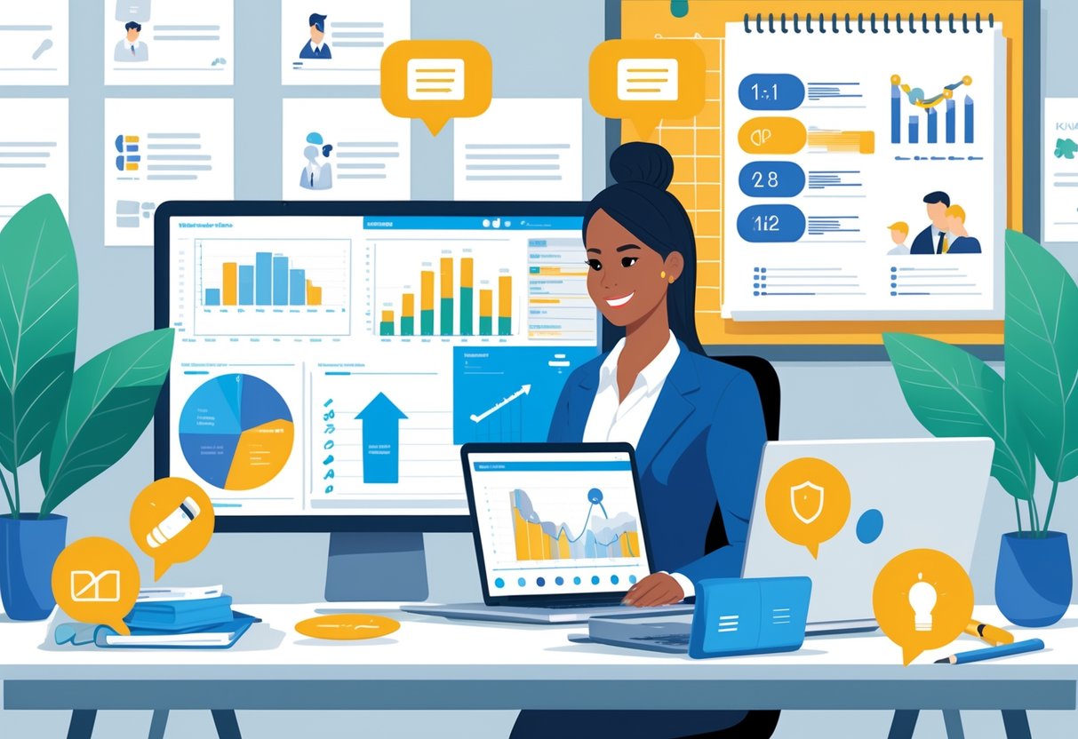 An HR assistant working at a desk with a laptop, surrounded by icons representing communication, organization, teamwork, and recruitment in a modern office setting.