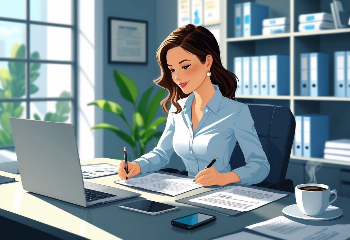An HR assistant reviewing a resume at a desk in a modern office with organized documents and shelves in the background.