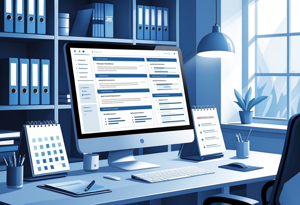 A modern office desk with a computer showing a digital resume layout, surrounded by HR-related items like a calendar and folders, with a bookshelf and window in the background.