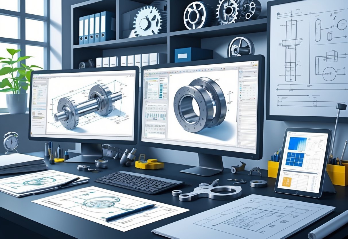 A Mechanical Design Engineer's workspace with dual monitors showing 3D CAD models, technical drawings, engineering tools, and shelves with mechanical components and books.