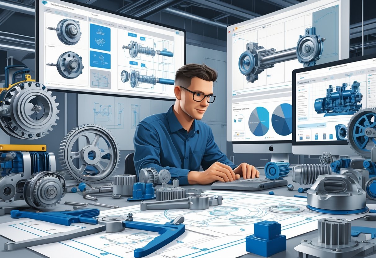 A mechanical engineer working with blueprints and 3D models of mechanical systems in a modern engineering workspace.