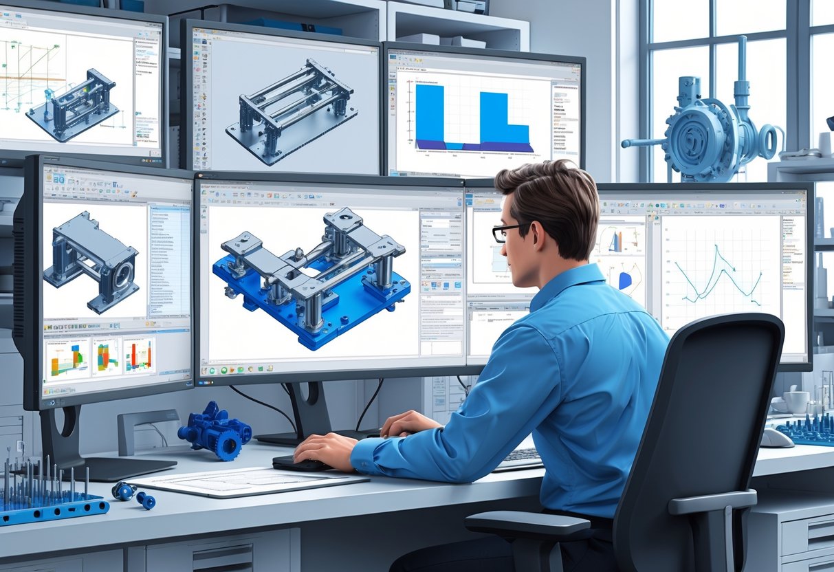 A mechanical design engineer working at a desk with multiple computer screens showing 3D CAD models and simulation data in an organized office.