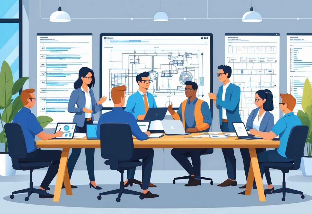 A group of engineers and project managers collaborating around a table with mechanical designs and digital devices in a modern office.