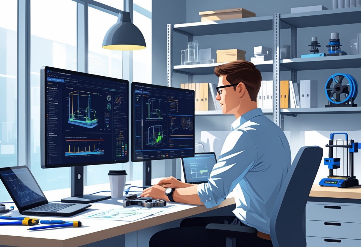 A mechanical design engineer working at a desk with computer screens showing 3D models and technical drawings in a modern office.