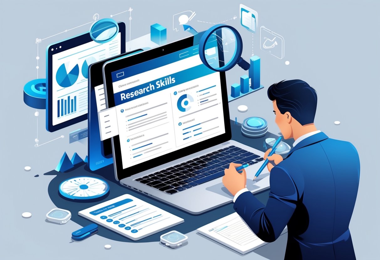 Research Skills on a Resume: The Complete 2025 Guide for Job Seekers 1 A person reviewing a digital resume on a laptop surrounded by research-related items like charts, documents, and a magnifying glass in a modern workspace.