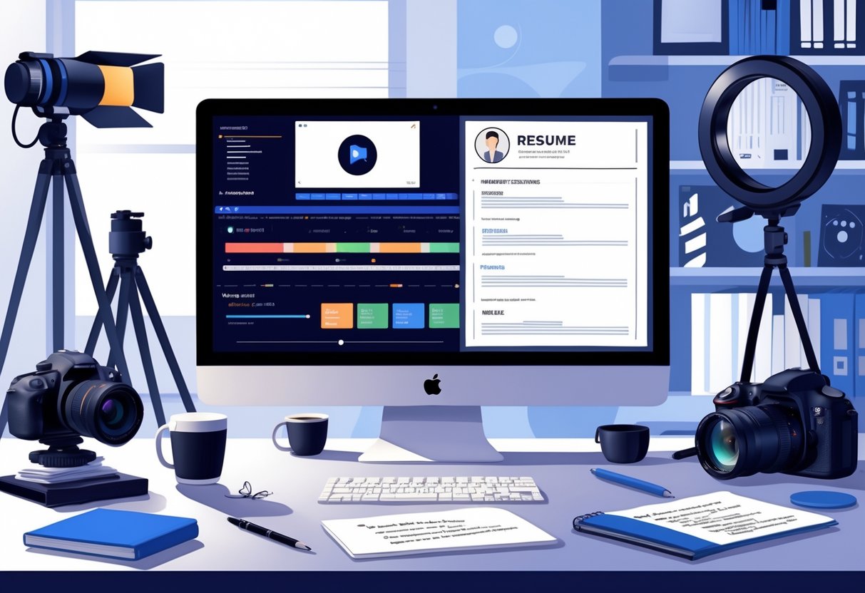 21 Videographer Resume Examples & Guide for 2025 to Land Your Next Job 1 A workspace with a computer showing video editing and resume layouts, surrounded by videography equipment and office supplies.