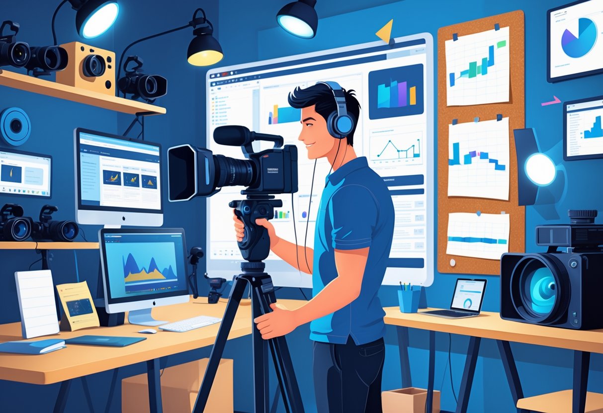 21 Videographer Resume Examples & Guide for 2025 to Land Your Next Job 2 A videographer working with a professional video camera and editing monitors in a creative studio filled with equipment and storyboards.