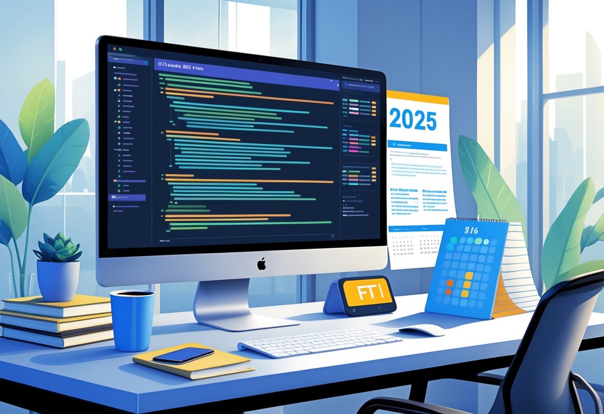A workspace with a computer showing code and a resume layout, surrounded by office items like a coffee cup and books, representing .NET developer career preparation for 2025.