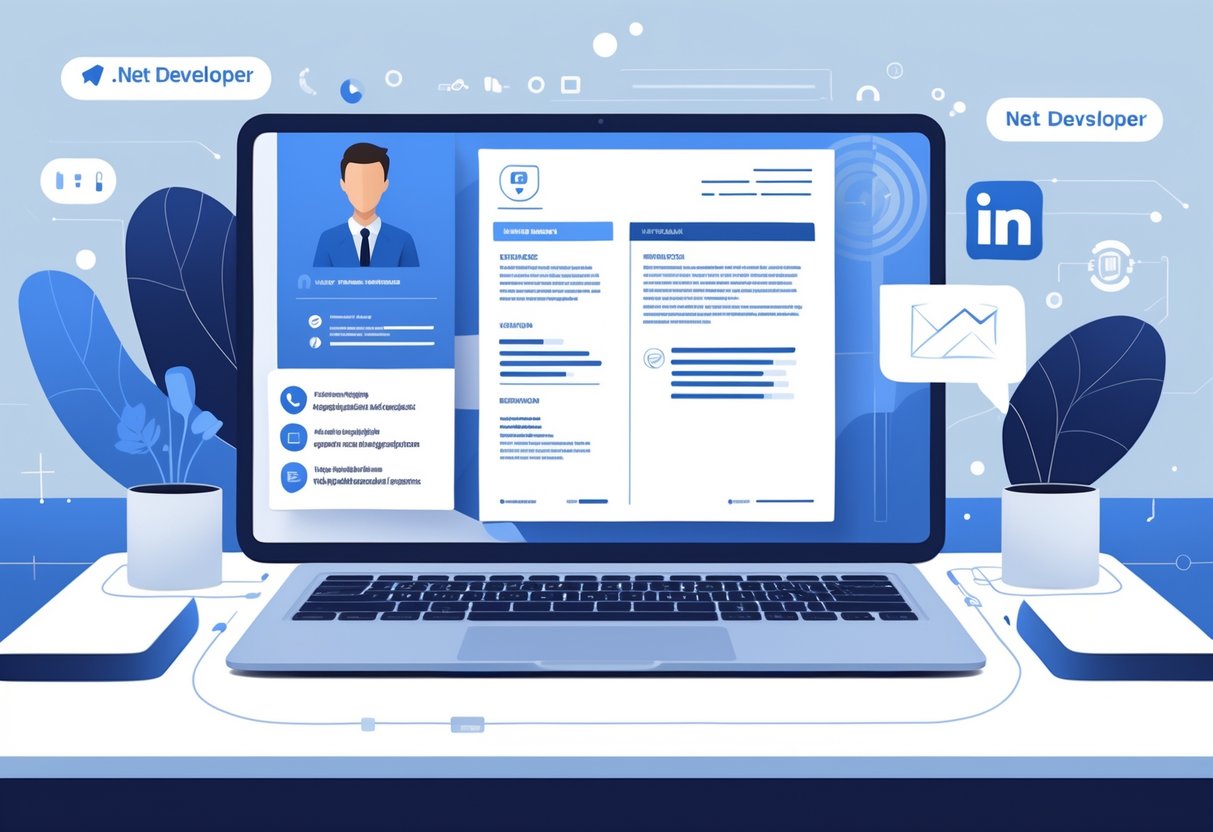 A modern workspace with a laptop and icons representing phone, email, and LinkedIn, symbolizing contact information for a software developer.