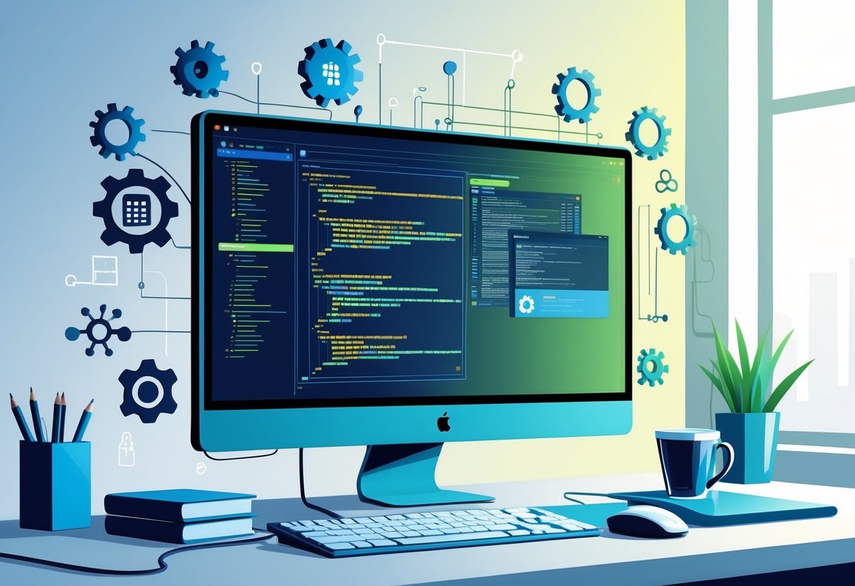 A modern office workspace with a computer showing abstract code and icons representing software development technologies, surrounded by development-related symbols and tools.