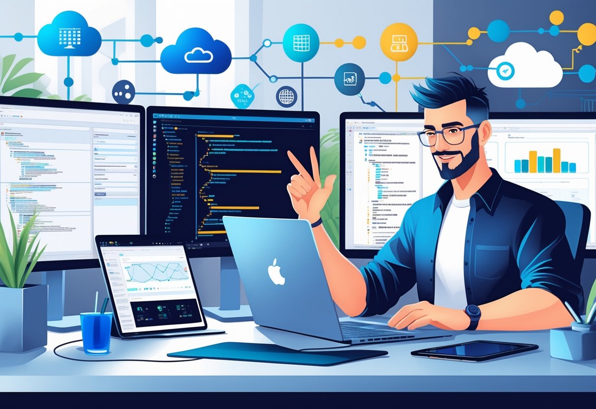 A software developer working at a desk with multiple monitors showing code and network diagrams, surrounded by technology and symbols of client-server communication.