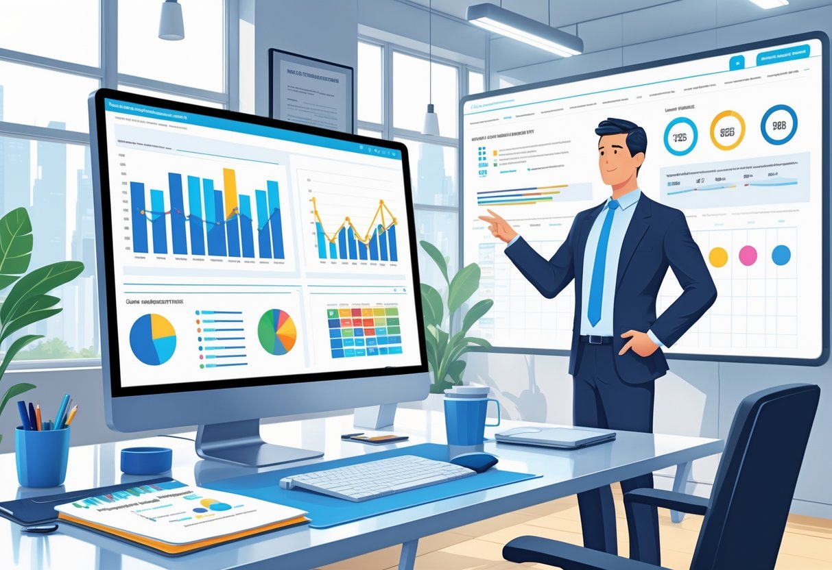 A marketing director stands in a modern office pointing at a digital screen with marketing plans and data while a desk with a computer and office items is in the foreground.