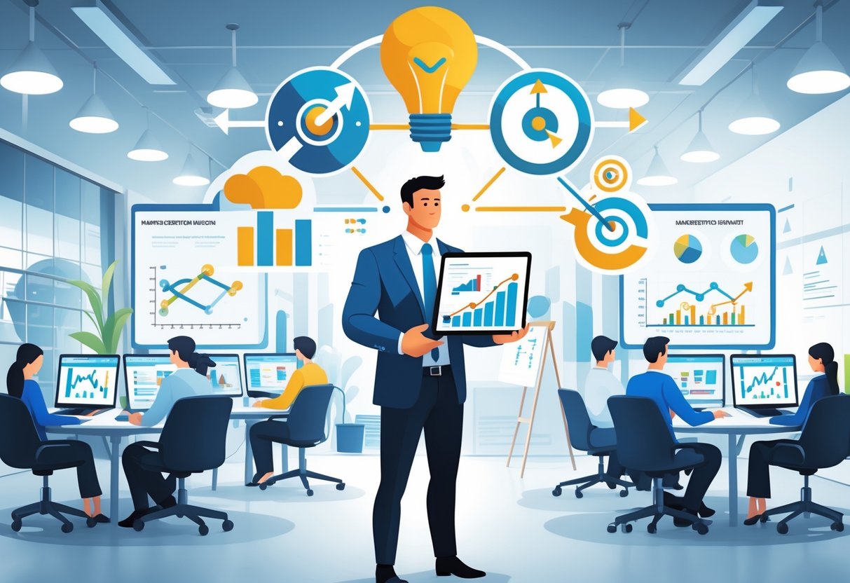 A marketing director standing in an office with digital charts and team members collaborating in the background.