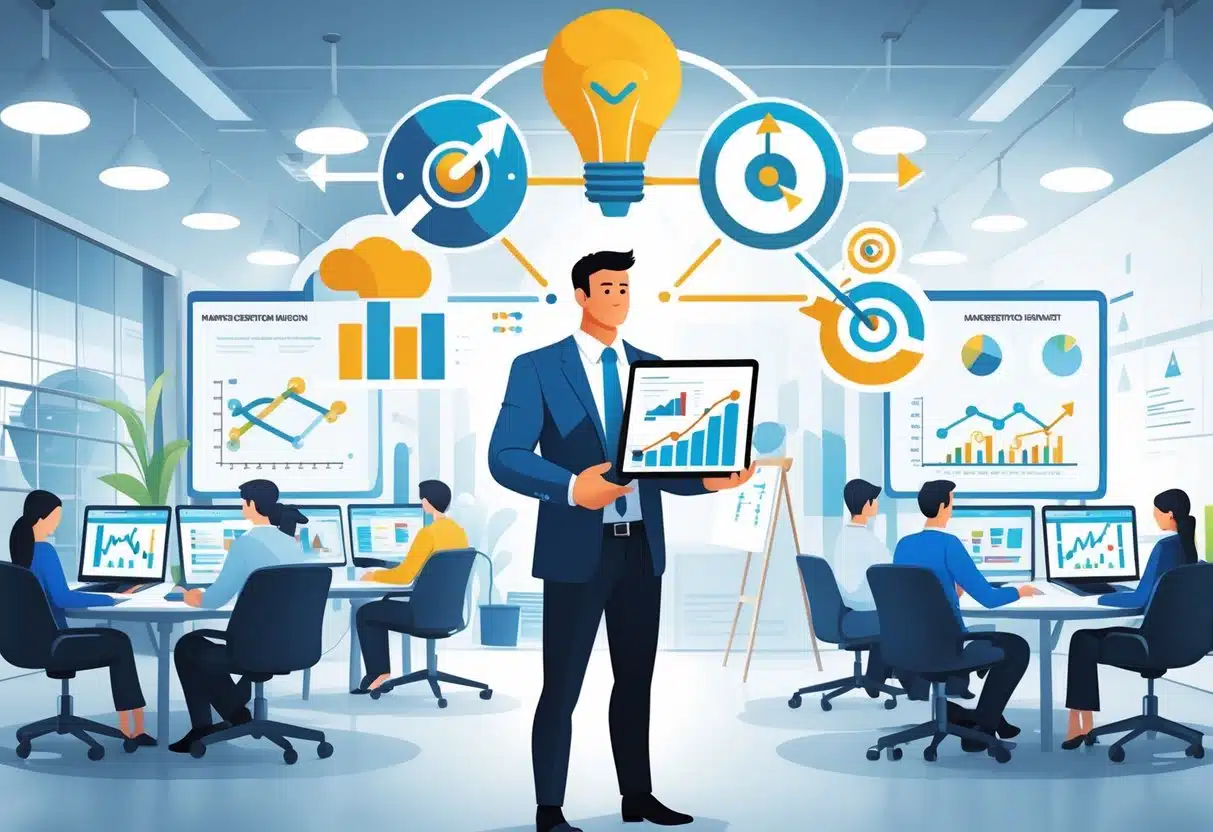 9 Marketing Director Resume Examples & Guide for 2025 to Stand Out to Employers 2 A marketing director standing in an office with digital charts and team members collaborating in the background.