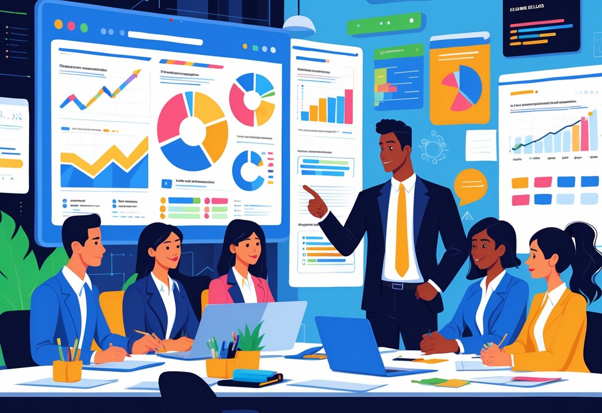 A marketing director leading a team meeting with charts and graphs on a large screen in a modern office.