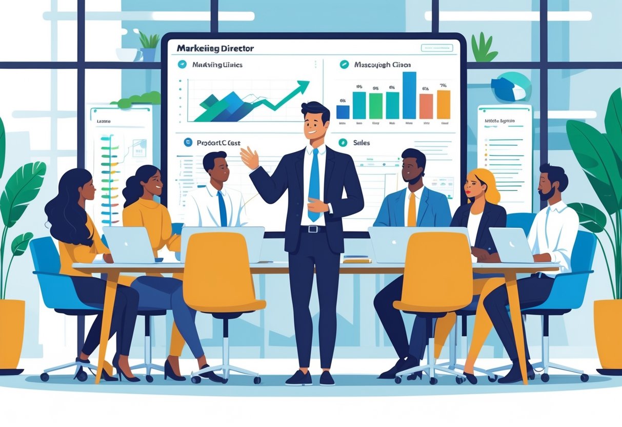 A Marketing Director leading a diverse team in a modern office, collaborating around a table with digital charts and laptops.