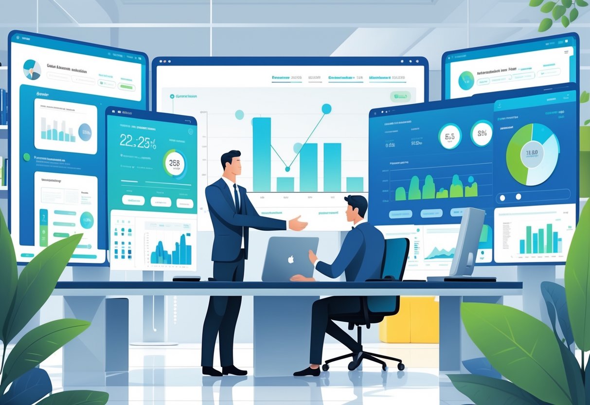 Two business professionals negotiating across a conference table with digital CRM dashboards displayed around them in a modern office.