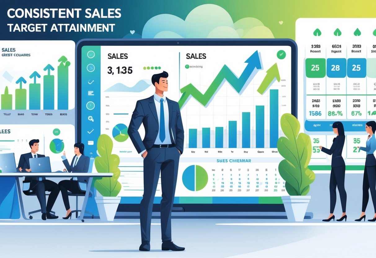 A business professional stands beside a digital dashboard showing rising sales charts and metrics in a modern office with colleagues working together.