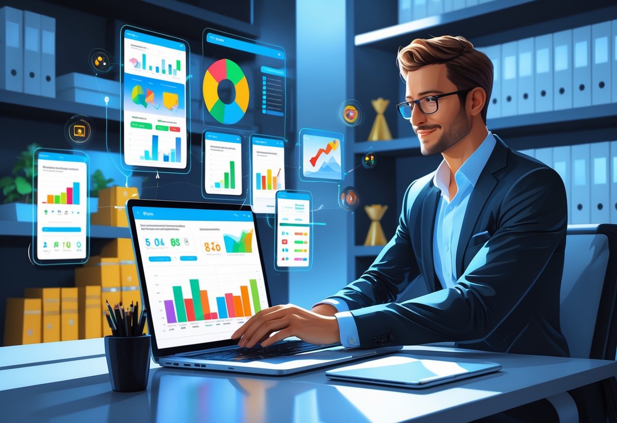 A businessperson working at a desk with a laptop showing sales software dashboards and floating sales charts around them.