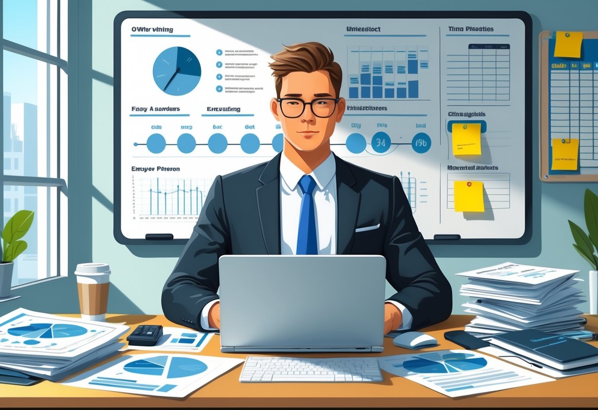 Work Under Pressure Skills and How to Showcase Them Effectively on Your Resume 1 A businessperson calmly working at a desk with a laptop, documents, phone, and a clock showing a deadline, surrounded by office materials indicating a busy work environment.