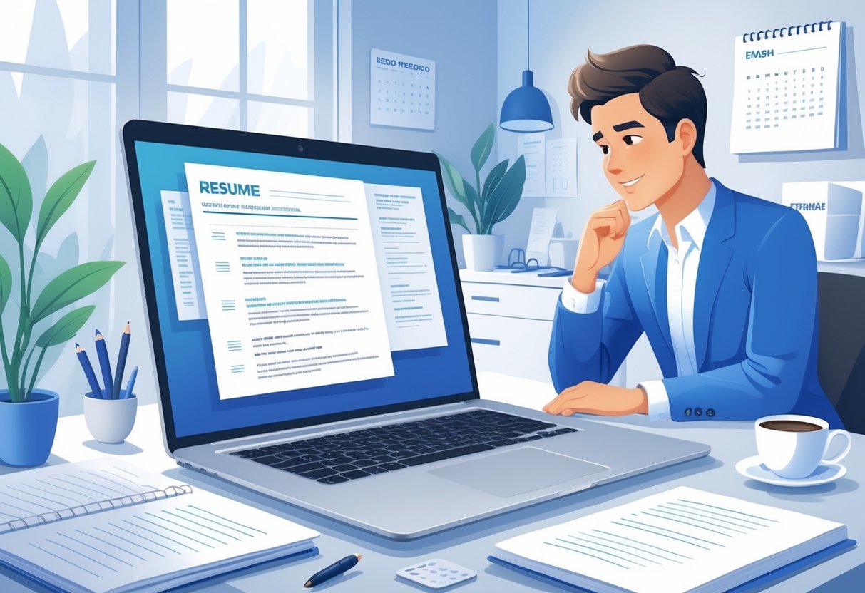 A person reviewing a resume on a laptop at a tidy desk with office supplies and a cup of coffee.