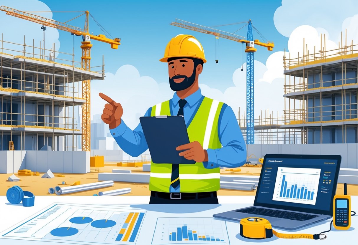 12 Construction Project Manager Resume Examples for Landing Your Next Role 1 A construction project manager wearing a helmet and vest stands at a construction site, holding a clipboard and pointing while overseeing the work with cranes and building structures in the background.