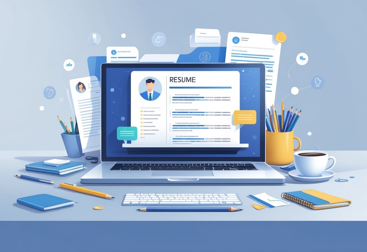 A workspace with a laptop showing a resume being proofread, surrounded by stationery and icons representing grammar and spelling corrections.