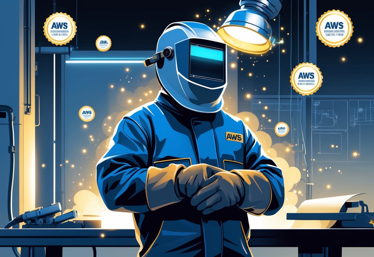 14 Welder Resume Examples That Got Jobs in 2025: Proven Samples and Tips 2 A welder wearing protective gear stands confidently in a workshop with welding equipment and glowing digital badges representing certification floating nearby.