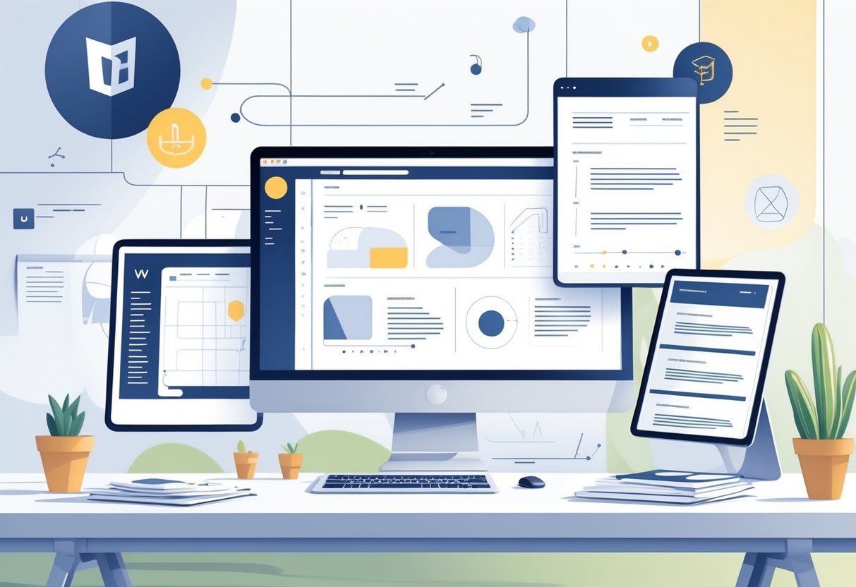 7 Web Designer Resume Examples & Guide for 2025: Expert Tips for Landing Your Next Role 1 A modern workspace with a computer, papers, and tablets showing web design and resume layouts.