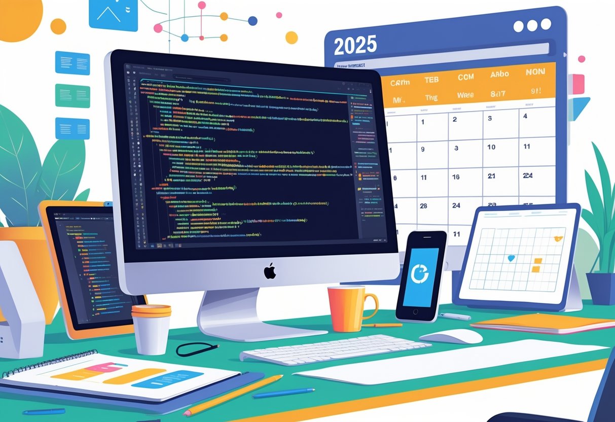 A modern workspace with a computer showing colorful code, design tools, and a planner marked 2025, representing a web designer's proficiency.