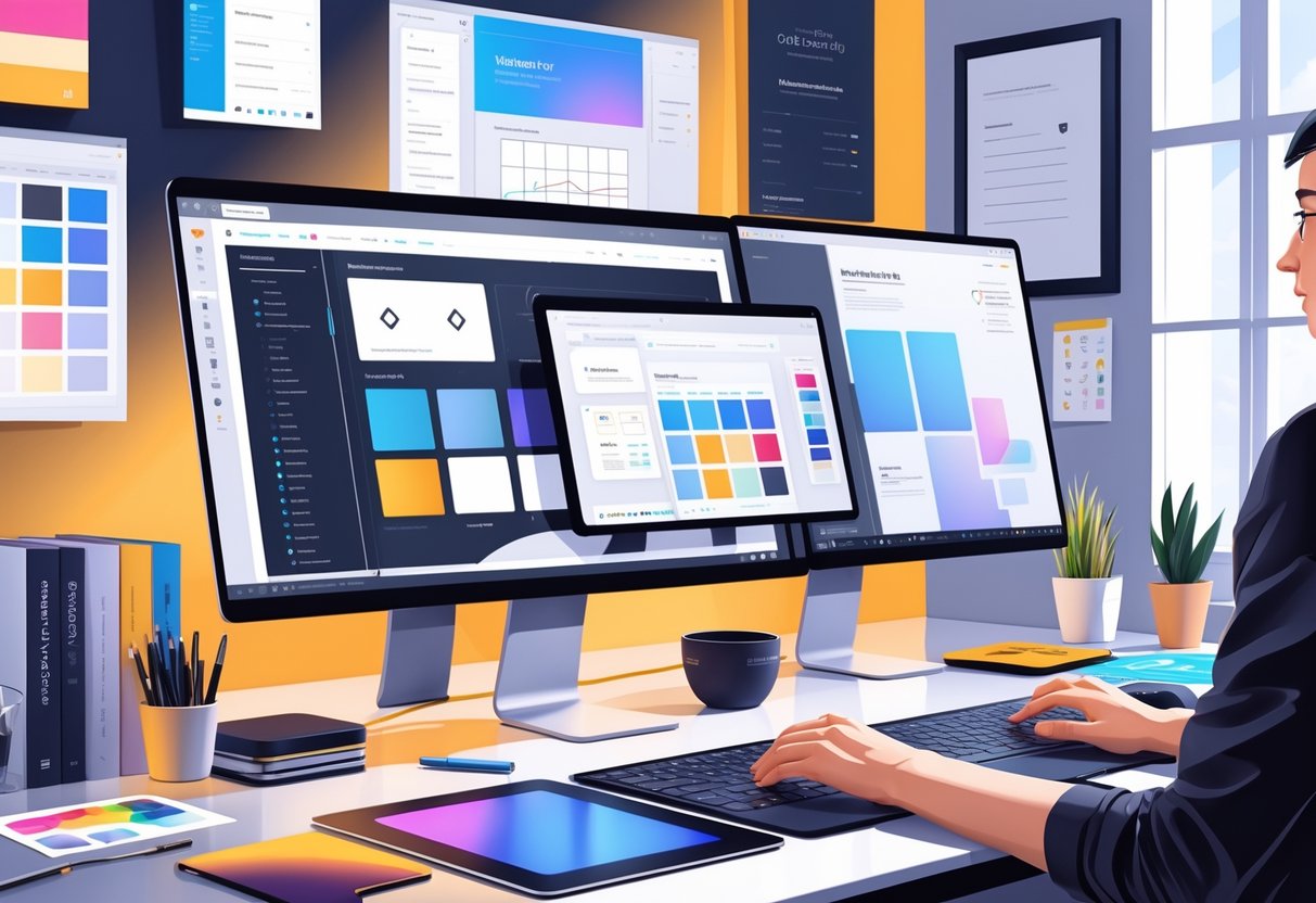 A designer working at a desk with multiple screens showing web design software interfaces and various design tools around.