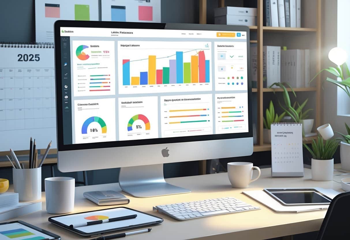 A modern office workspace with a computer showing a web designer's project dashboard, surrounded by design tools and a calendar marked for 2025.