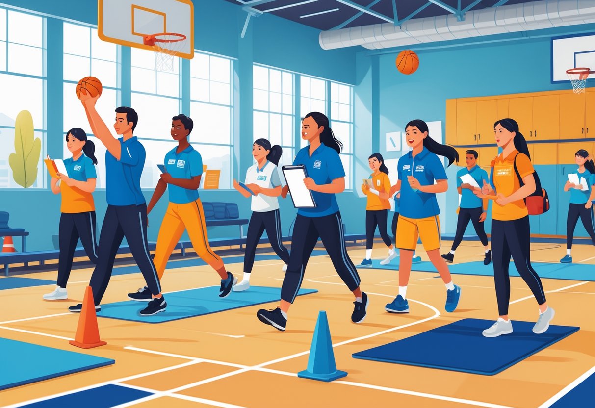 12 Physical Education Teacher Resume Examples & Guide for 2025: Templates and Tips for Landing Your Next Job 1 A group of physical education teachers leading students in exercises and sports activities inside a school gym.