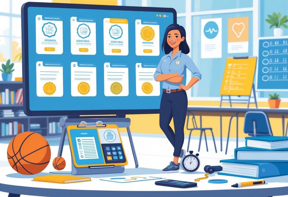 12 Physical Education Teacher Resume Examples & Guide for 2025: Templates and Tips for Landing Your Next Job 2 A physical education teacher standing by a digital screen showing certification icons, surrounded by sports equipment and educational materials in a classroom.