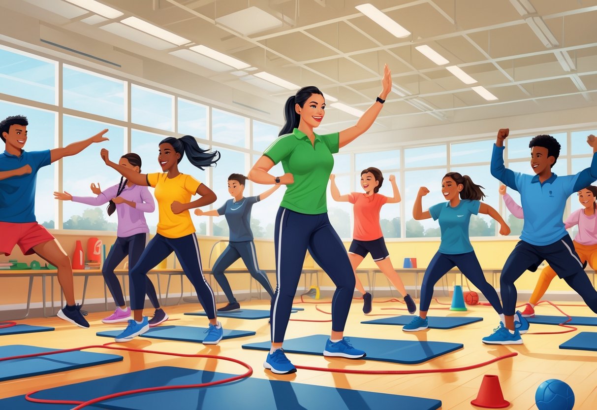 A physical education teacher leading a group of diverse students in various exercises inside a bright gym with sports equipment.