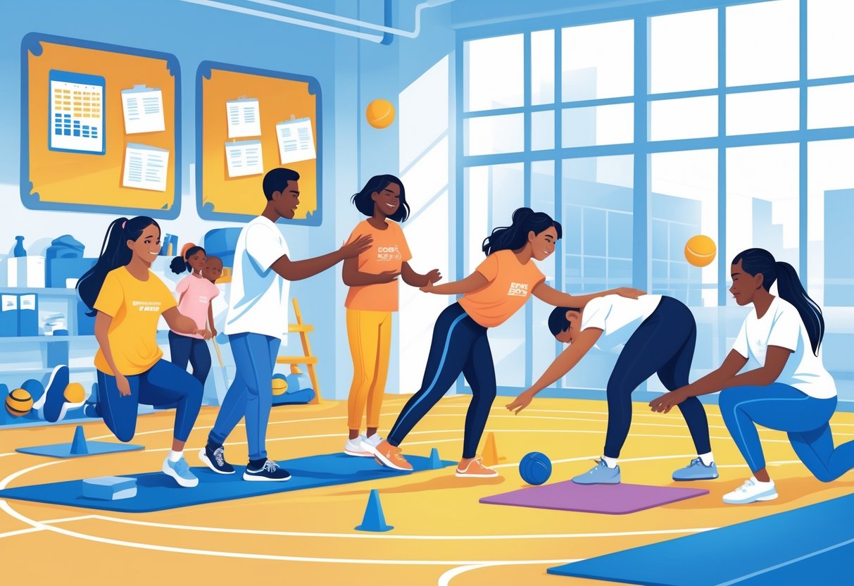 A group of young adults volunteering and interning in a gym, coaching children, organizing equipment, and leading stretching exercises.