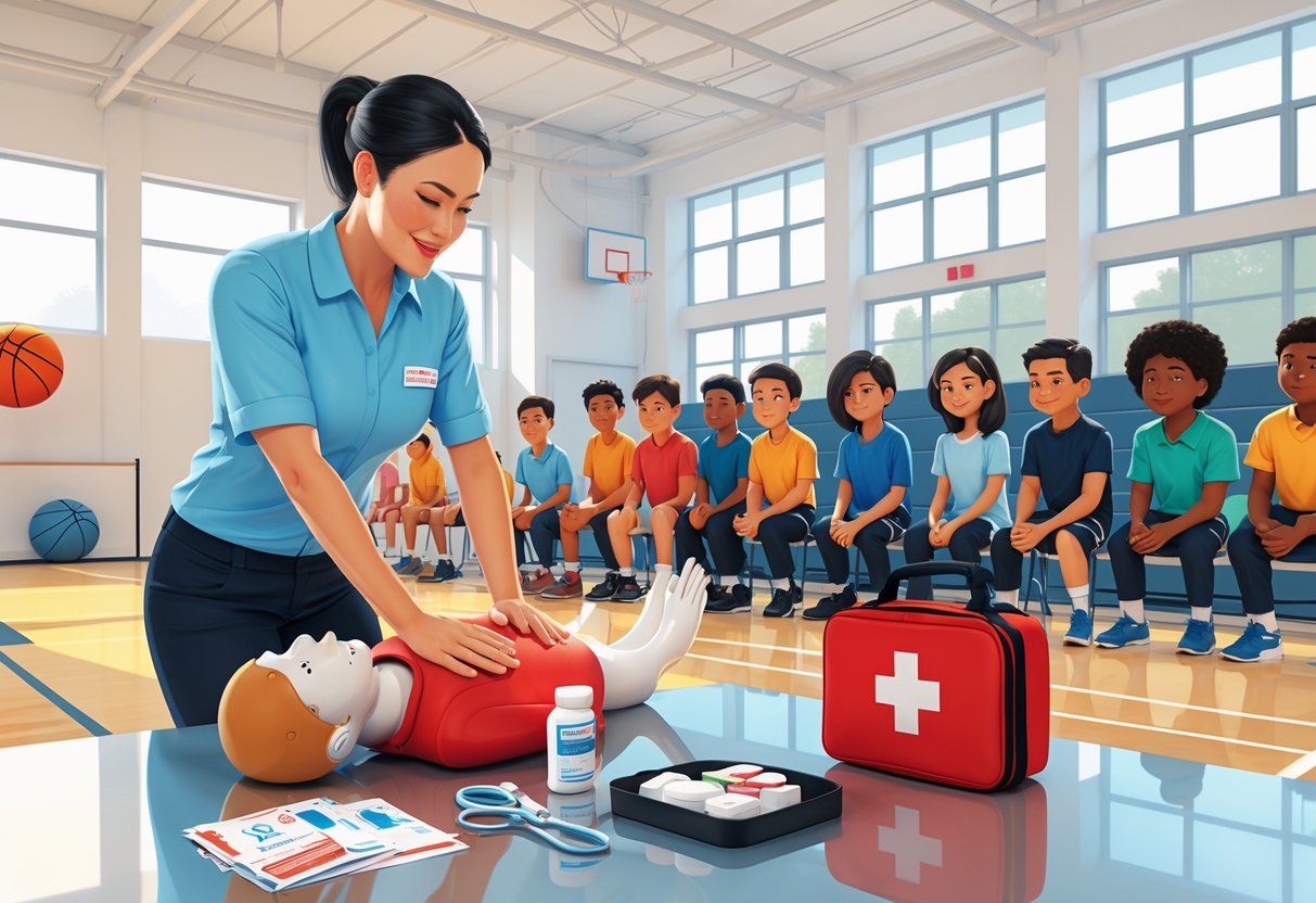 A physical education teacher demonstrating CPR on a training mannequin in a gym with first aid supplies nearby and students watching attentively.