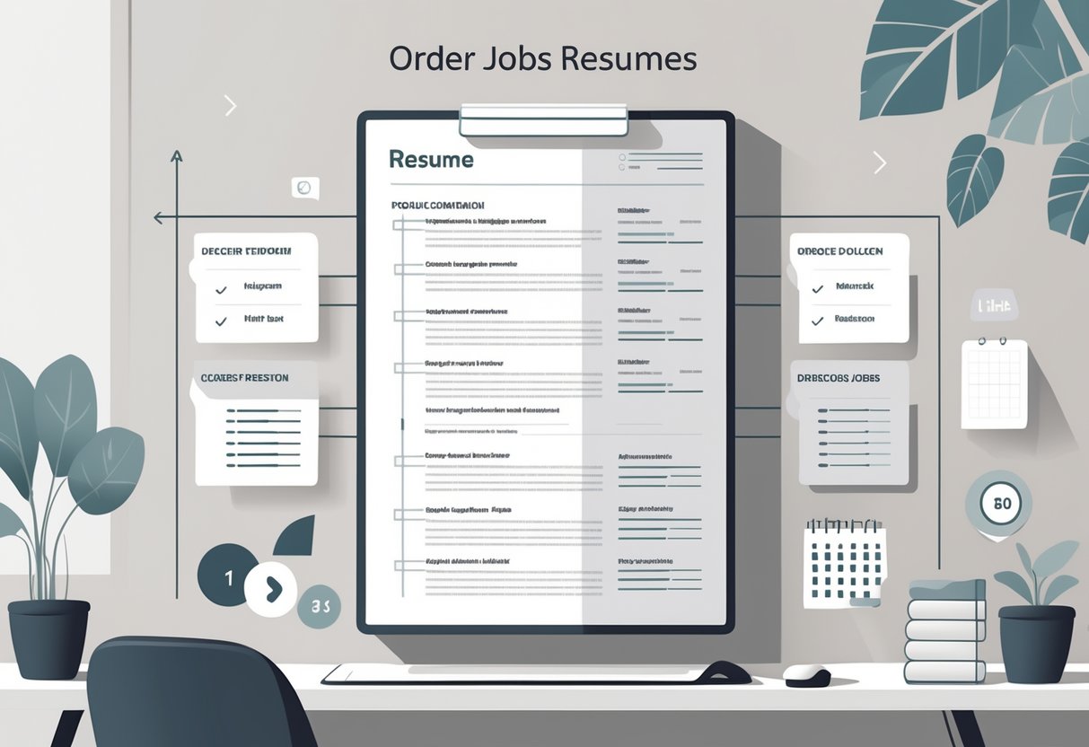 Resume Order of Jobs: How Do You Structure Your Work Experience Effectively? 1 A workspace with an open resume showing multiple job entries arranged from most recent to earlier positions, accompanied by icons indicating career progression.